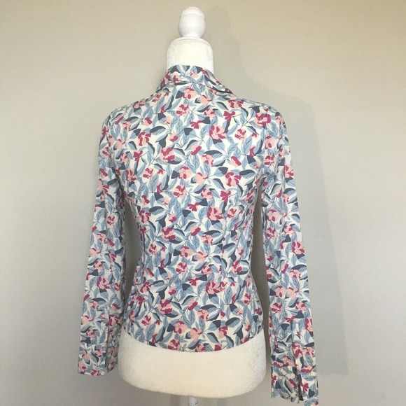 Old Navy X-Small Button Up Blouse Blue White Pink Floral Long Sleeve Career Top - Picture 3 of 12